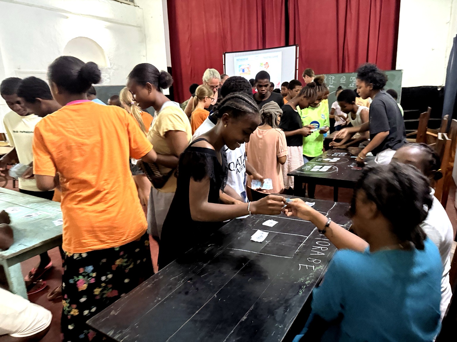 Students actively participating in Mathagascar's trading game