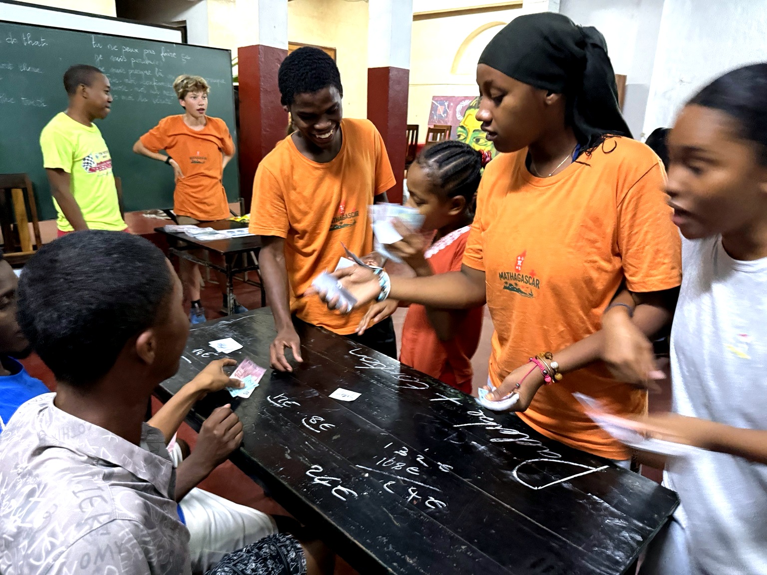 Students buying and selling during Mathagascar's trading game
